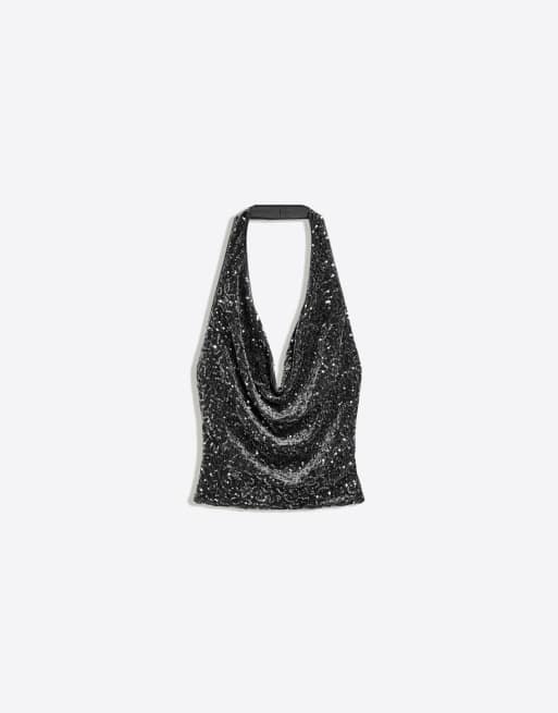 Bershka Draped sequin halter top in black, 6 of 6