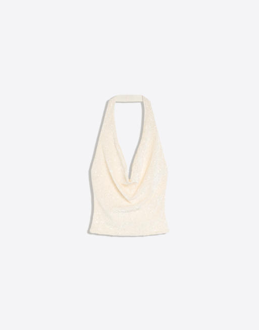 Bershka Draped sequin halter top in white, 5 of 5