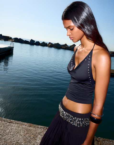 Bershka Draped top with studs in black - view 1