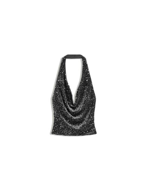 Bershka draperad paljettopp med halterneck i svart, 2 av 2