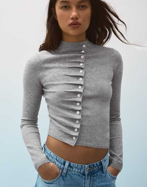 Bershka draperet cardigan med rund hals og knapper i grå, 4 af 5