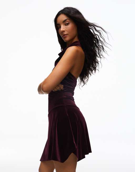 Bershka draperet velourhalterneck-minikjole i bordeaux, 4 af 5
