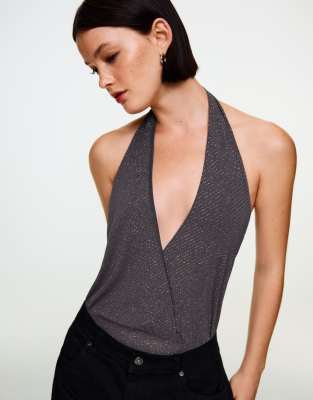 Bershka - Drapierter Neckholder-Body in Grau und Schwarz