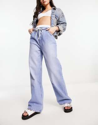 Bershka Drawstring Waist Baggy Jeans In Mid Blue