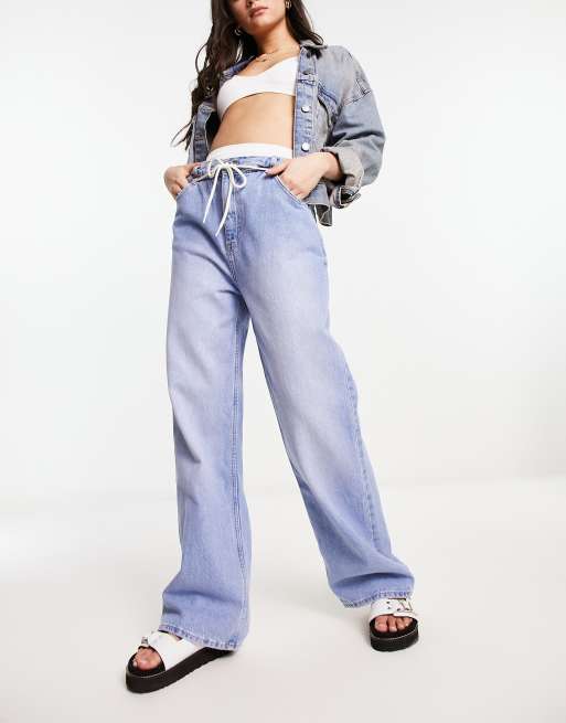 Blue Two-Tone Side Washed Drawstring Jeans