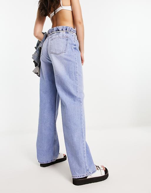Bershka drawstring waist baggy jeans in mid blue | ASOS Bershka drawstring waist baggy jeans in mid blue | ASOS