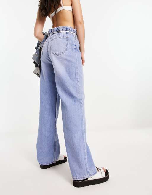 Bershka drawstring waist baggy jeans in mid blue