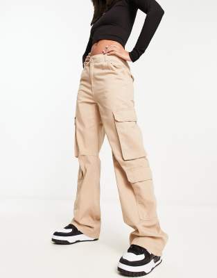 BERSHKA DRAWSTRING WAIST CARGO PANTS IN CAMEL-NEUTRAL