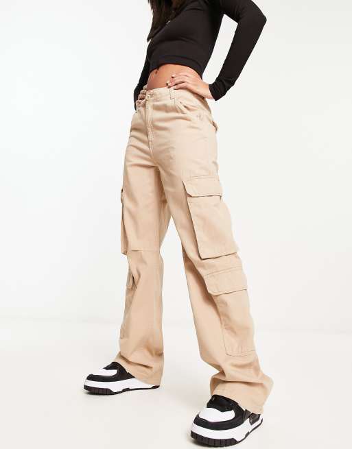 Bershka drawstring waist cargo pants in camel