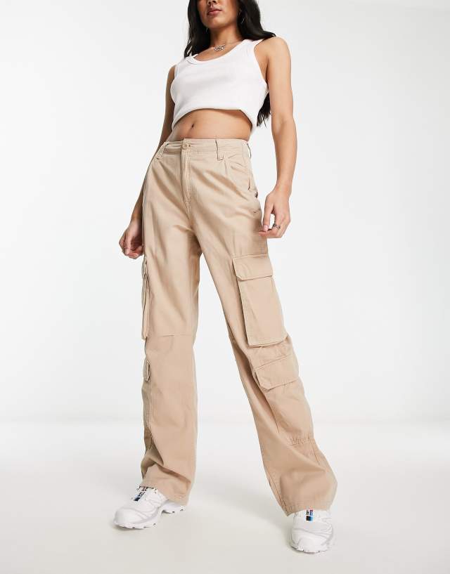 Bershka drawstring waist cargo pants in camel