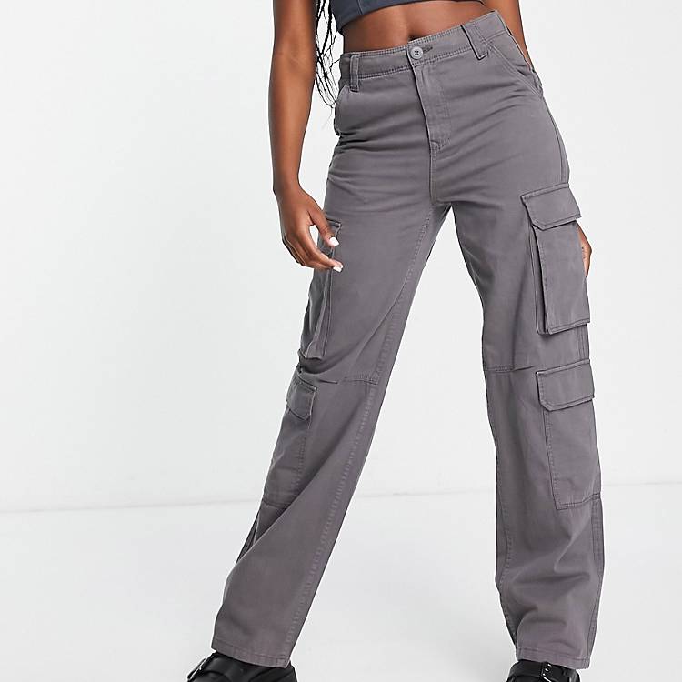 Bershka drawstring waist cargo pants in dark gray