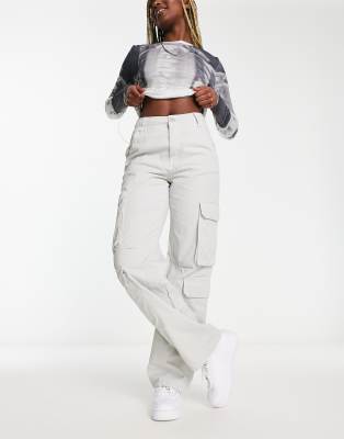 Bershka Straight Leg Cargo Pants In Stone-gray In Gray