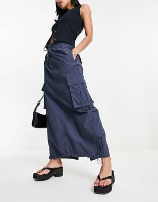 Bershka Drawstring Waist Cargo Parachute Midi Skirt In Navy