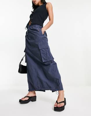 Bershka drawstring waist cargo parachute midi skirt in navy