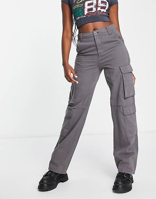 Bershka drawstring waist cargo trousers in dark grey