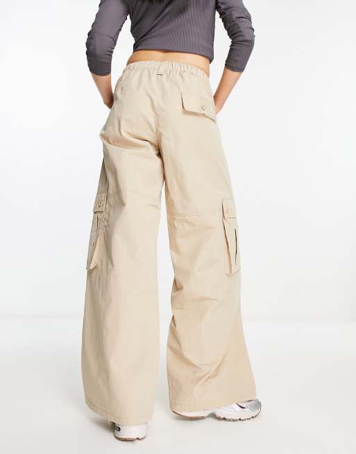 Bershka drawstring waist nylon wide leg cargo pants in khaki