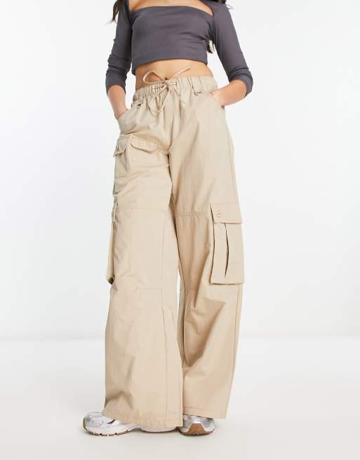 Bershka drawstring waist nylon wide leg cargo pants in camel