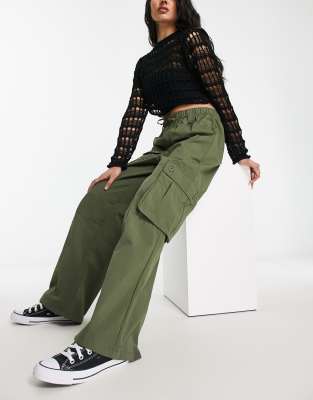 Bershka Drawstring Waist Nylon Wide Leg Cargo Pants In Khaki-green