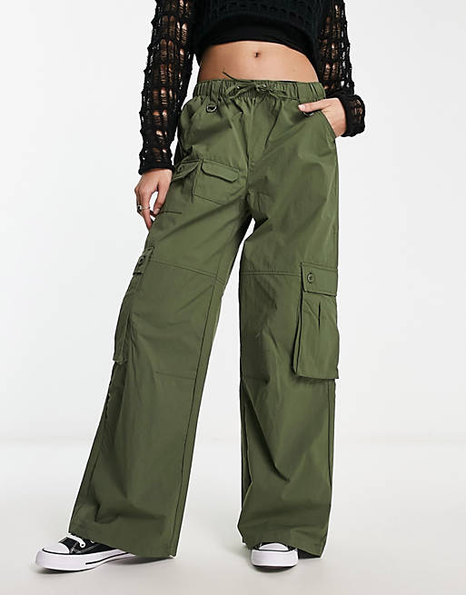 Bershka drawstring waist nylon wide leg cargo pants in khaki