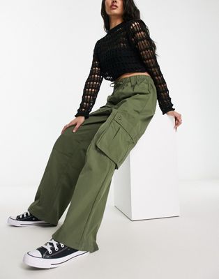Bershka drawstring waist nylon wide leg cargo trousers in khaki-Green