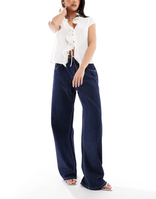 Bershka drawstring waist wide leg jeans in indigo wash | ASOS