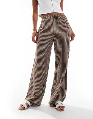 drawstring waist wide leg pants in brown pinstripe-Blue