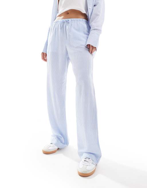 Bershka drawstring waist wide leg pants in light blue pinstripe part of a set