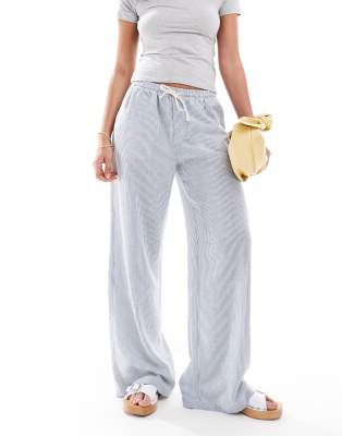Bershka drawstring waist wide leg trousers in light blue pinstripe | ASOS
