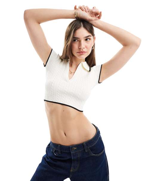 Bershka contrast piping knitted polo top in ecru & black