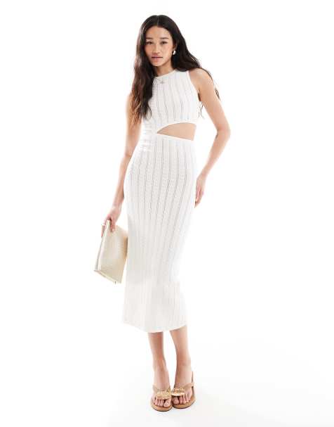 Bershka – Dzianinowa sukienka maxi w kolorze ecru z wycięciem z przodu - view 1