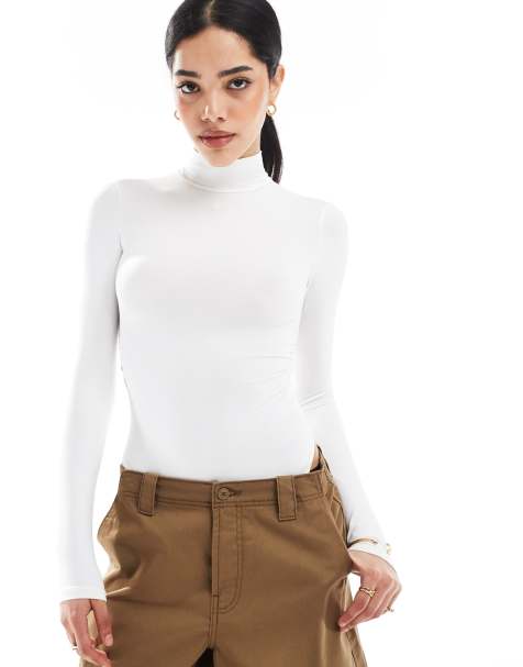 Bershka - Ecru højhalset bodystocking med lange ærmer - view 1