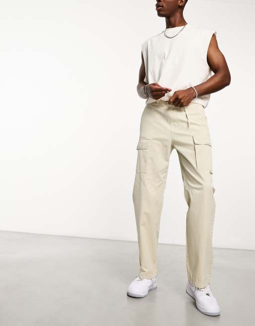 Bershka - Ecrufarvede bukser med cargolommer foran i poplin