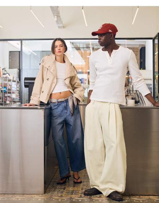 Bershka - Ecrufarvede jeans med tøndeformede ben og læg, 3 af 4