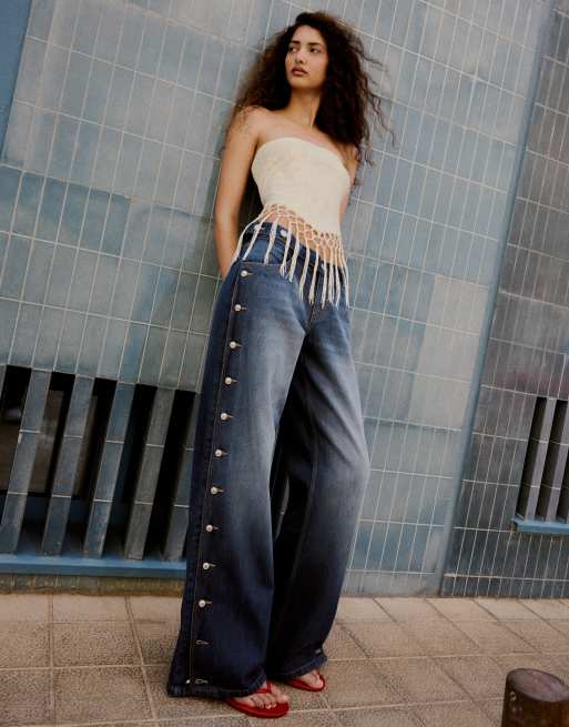Bershka - Ecrufarvet bandeau-overdel med frynser, 4 af 6