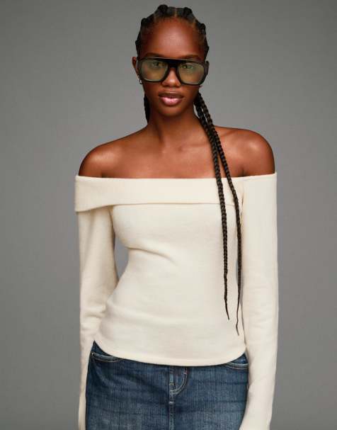 Bershka - Ecrufarvet blød sweater i asymmetrisk strik - view 1