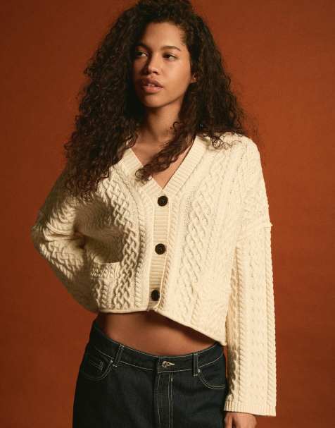 Bershka - Ecrufarvet cardigan i kabelstrik i rustik stil - view 1