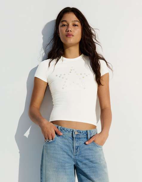 Bershka - Ecrufarvet kortærmet T-shirt med print - view 1