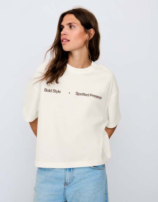 Bershka - Ecrufarvet kortærmet T-shirt med print, 3 af 4