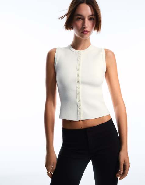 Bershka - Ecrufarvet overdel med rund hals og knapper - view 1