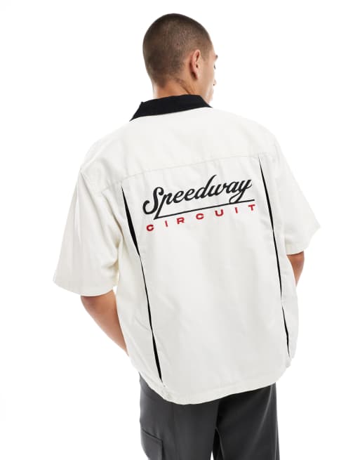 Bershka - Ecrufarvet skjorte med "Speedway"-print på ryggen, 3 af 4
