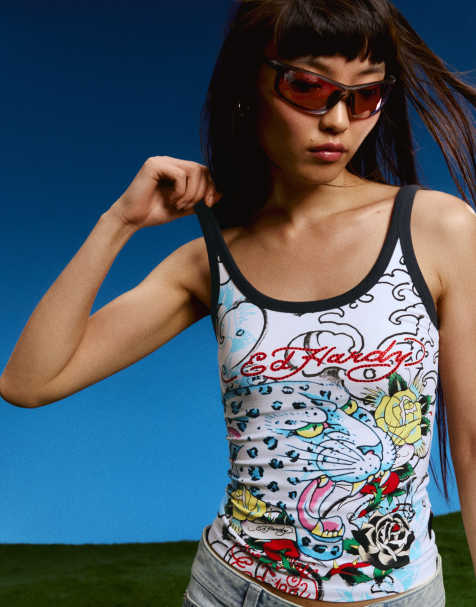 Bershka Ed hardy print vest top in white - view 1