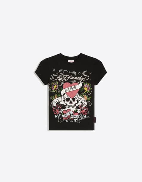 Bershka - Ed Hardy - T-shirt met korte mouwen en print in zwart - view 1