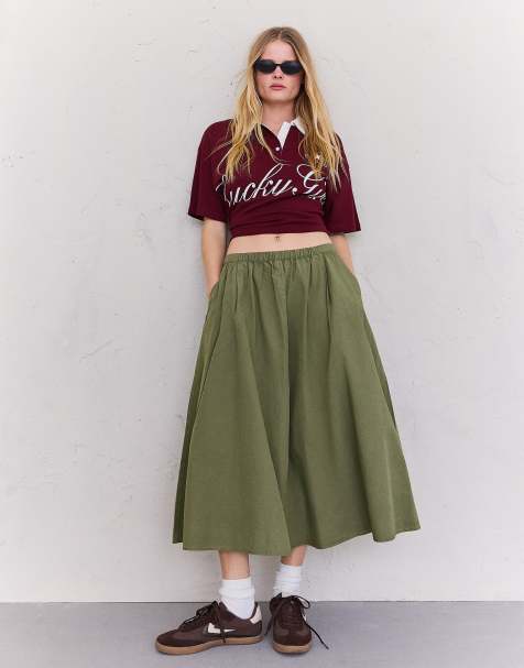 Bershka Elasticated waist midi skirt in khaki - view 1