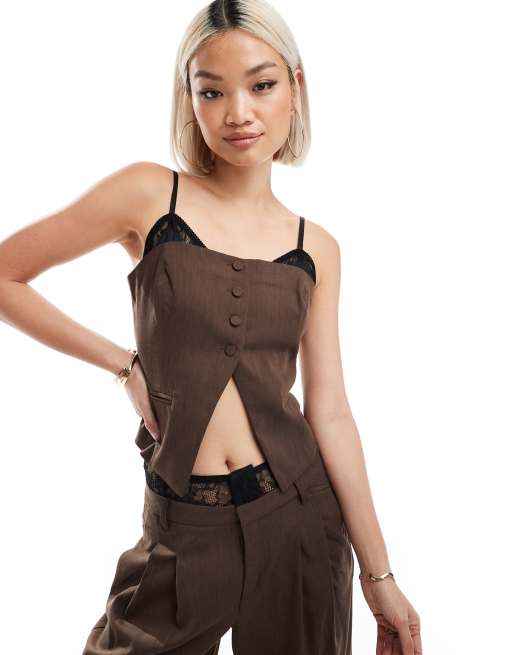 Bershka - Elegant gilet met kant in bruin