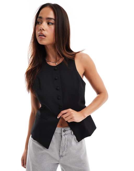 Bershka - Elegant gilet met ronde hals in zwart