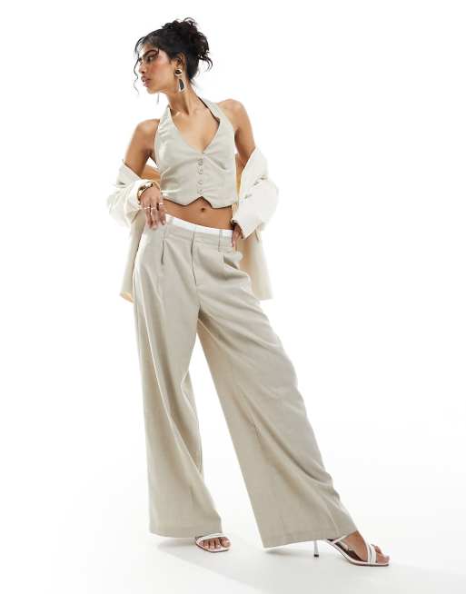 Bershka - Elegante broek met boxer-taille en wijde pijpen in lichtbeige