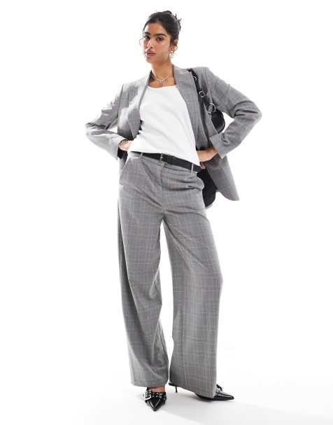 Bershka - Elegante broek met wijde pijpen en riem in grijs geruit, deel van co-ord set - view 1