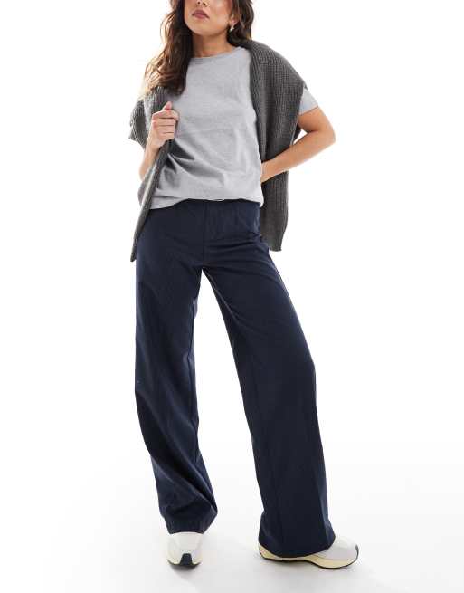 Bershka - Elegante broek met wijde pijpen in marineblauw met krijtstreep