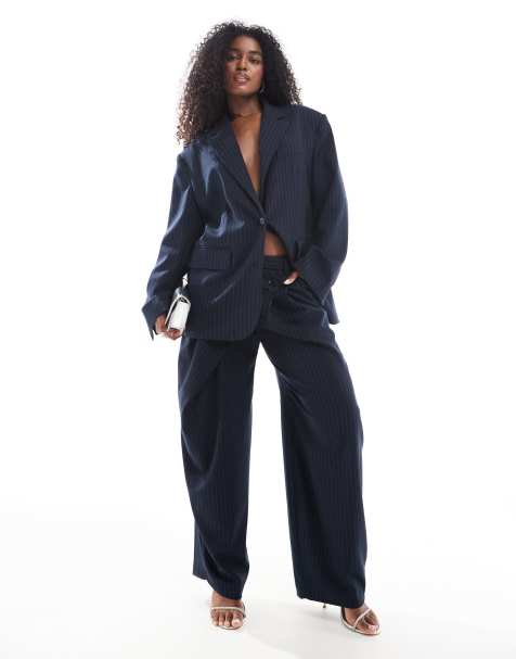 Bershka - Elegante broek met wijde pijpen in marineblauw met strepen, deel van co-ord set - view 1