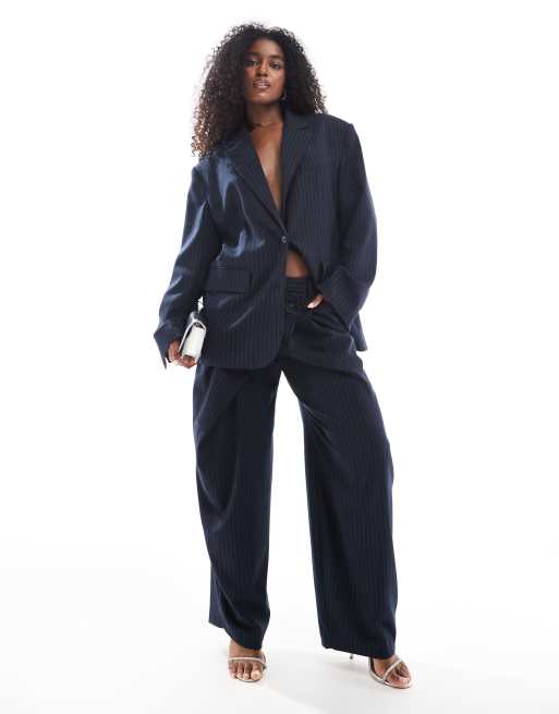 Bershka - Elegante broek met wijde pijpen in marineblauw met strepen, deel van co-ord set